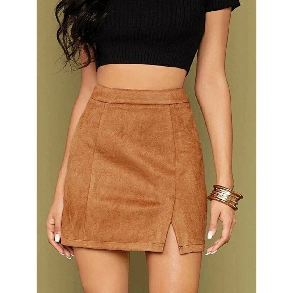 Women's High Waist Faux Suede Side Split Bodycon Short Mini Skirt M